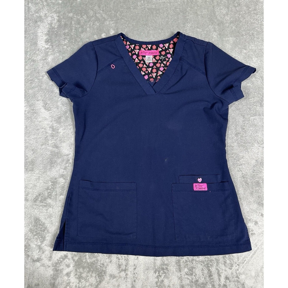 Betsey Johnson Scrubs‎ Top Women's Extra Small V-Neck Pockets Medical Nurse Blue